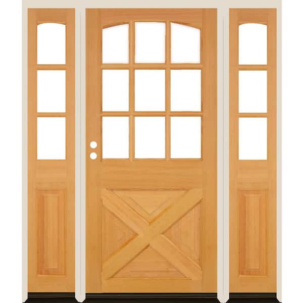 Krosswood Doors 64 in. x 80 in. Farmhouse X Panel RH 1/2 Lite Clear Glass Clear Stain Hemlock Prehung Front Door with DSL