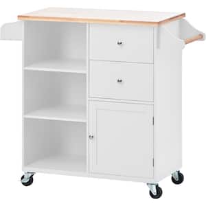 White Wood Kitchen Cart for Kitchen with 4-Wheels and 2-Drawers and 3 Open Shelves with Solid Wood Top (41.34 in. L)