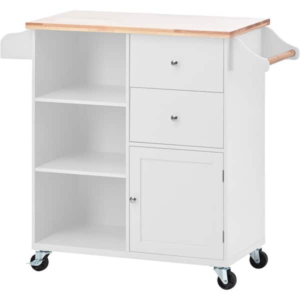 Unbranded White Wood Kitchen Cart for Kitchen with 4-Wheels and 2-Drawers and 3 Open Shelves with Solid Wood Top (41.34 in. L)