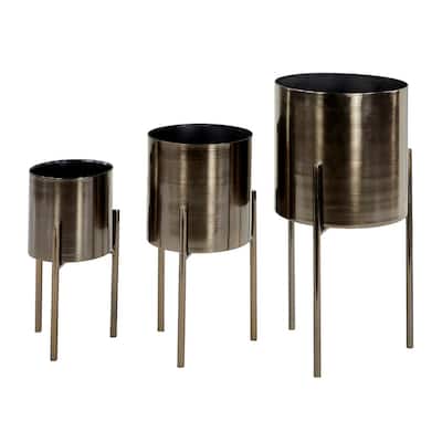 Contemporary Style Large Round Indoor/Outdoor Metallic Dark Silver Metal Planters in Silver Stands (Set of 3)