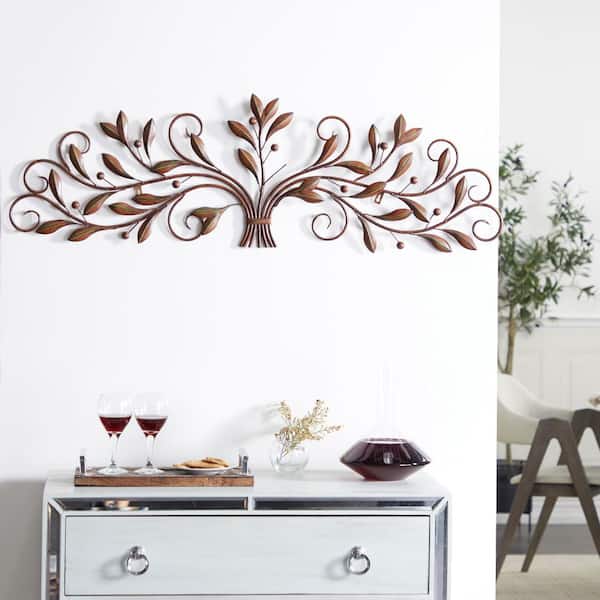 Litton Lane 14 in. x 47 in. Red Patina Metal Leaves Wall Decor
