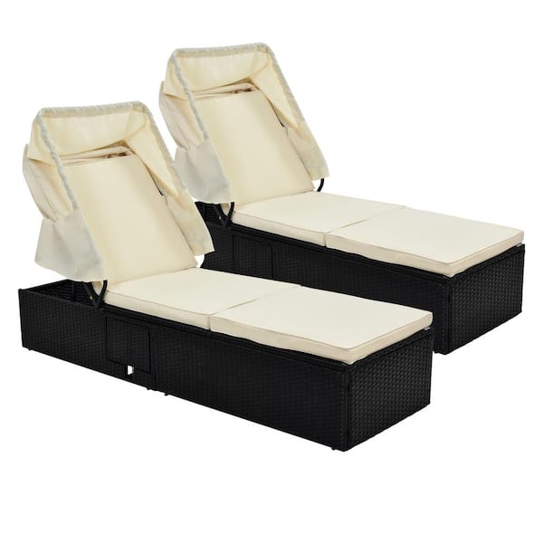 FORCLOVER 76.8 in. 2-Piece Wicker Outdoor Chaise Lounge with 5 Position Reclining, Canopy, Cup Table and Beige Cushions