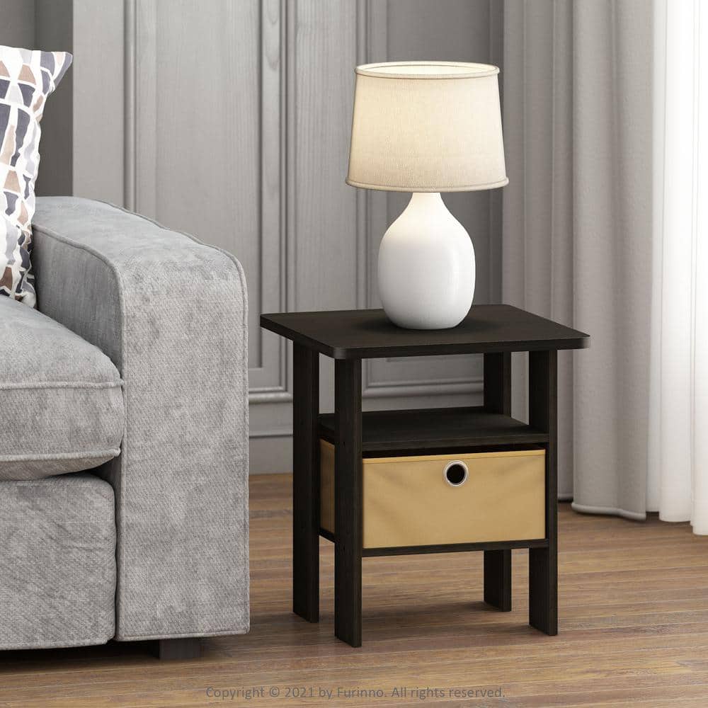 Dark Espresso Wood End Table with Fabric Drawer