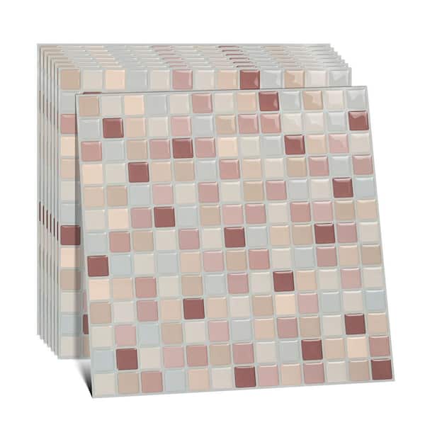 ilemong 10" x 10" Self-Adhesive Mosaic Tile Vinyl Peel and Stick Backsplash Tiles for Kitchen Bathroom Decor in Pink (10-Tiles)
