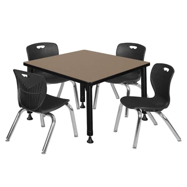 Kee 30 in. Square Noble Oak Adjustable Classroom Table Desk with Black Base and 4 Andy 12 in. Black Stack Chairs