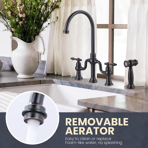Solid Brass Double Handle High-Arc Deck Mounted Bridge Kitchen Faucet with Side Sprayer in Oil Rubbed Bronze