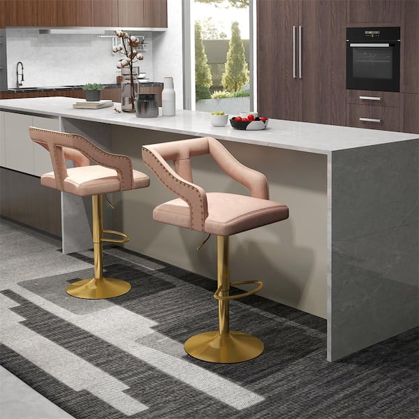 25 in. Pink Metal Frame Swivel Bar Stool with Footrest, 2-Layer Electroplated Base (Set of 2)