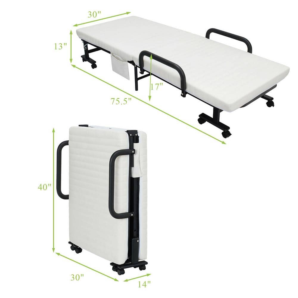 White Twin Folding Metal Frame Bed with Upholstered Mattress and Drawer