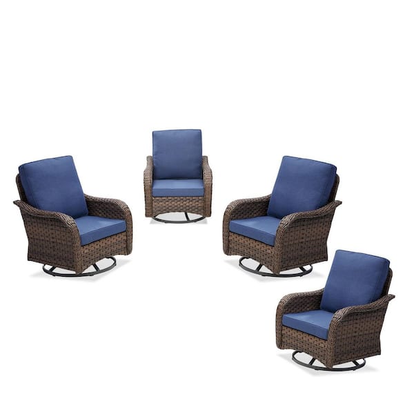 4-Piece Wicker Rocking Chair, 360° Arbitrary Rotation with Blue Cushions, Suitable for Indoor and Outdoor