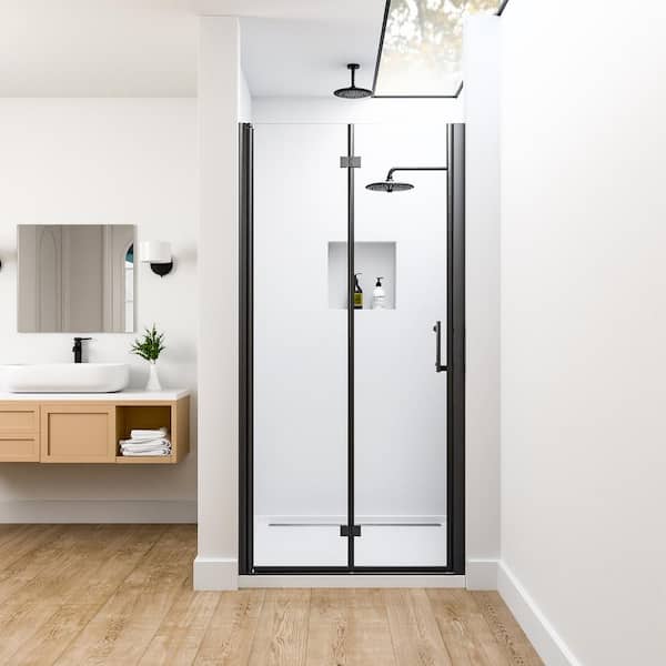 mortix 34 to 35-3/8 in. W x 72 in. H Bi-Fold Semi-Frameless Shower Door in Matte Black Finish with SGCC Certified Clear Glass