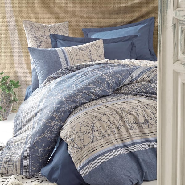 Blue Fall 100% Turkish Cotton Queen Size Duvet Cover Set 1-Duvet Cover 1-Fitted Sheet and 2-Pillowcases