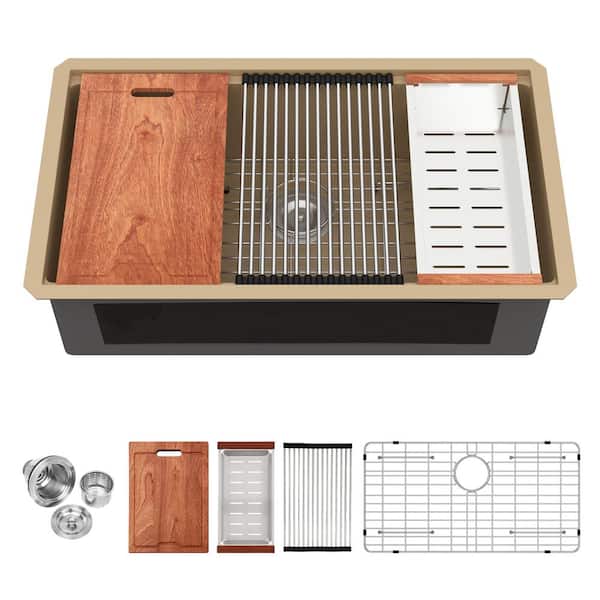 Logmey 33 in. Undermount Sink Single Bowl 16-Gauge Beige Workstation Kitchen Sink with Marble Coating
