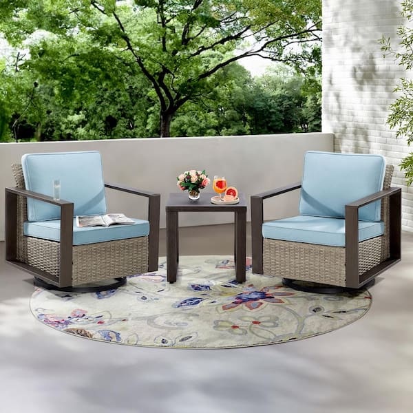JOYSIDE 3-Piece Wicker Swivel Outdoor Rocking Chairs Patio Conversation Set with Metel Frame and Baby Blue Cushions