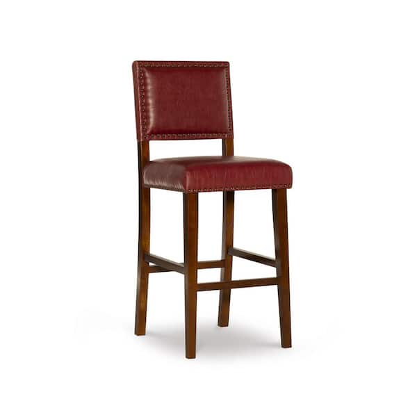 Linon Home Decor Brook 30 in. Walnut Brown Cushioned Back Wood Counter Stool with Red Faux Leather Seat