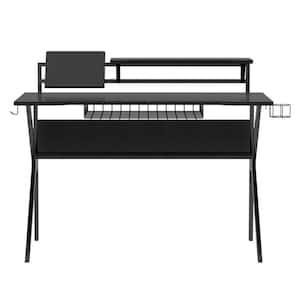 27 in. Black and Red Rectangular Gaming Desk with 2 Shelves and K Shape Leg Support