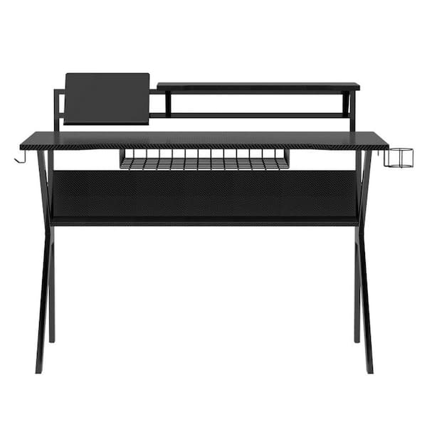 THE URBAN PORT Liv 54 in. Rectangular Black Wooden Ergonomic Gaming Desk with 2-Shelves and K Shaoe Support