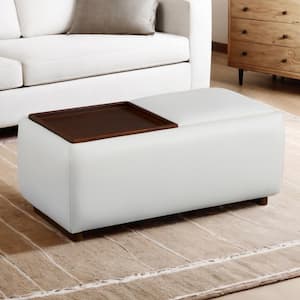 Calista White Leather Tray Top Storage Ottoman with for Living Room and Bed Room