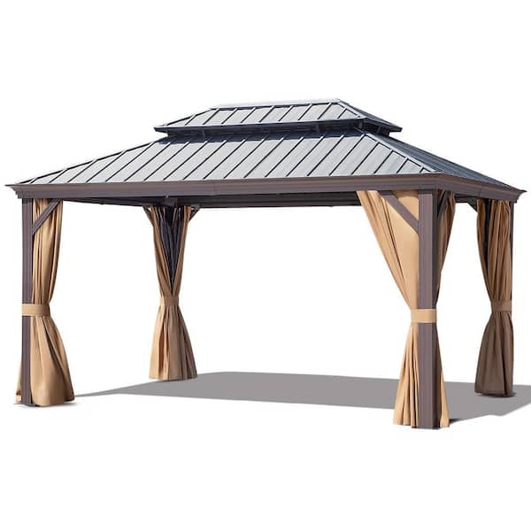 12 ft. x 16 ft. Brown Aluminum Framed Double-Tier Hardtop Gazebo for Backyard