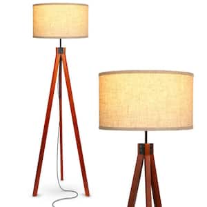 Eden 58 in. Havana Brown Traditional 1-Light 3-Way Dimming LED Floor Lamp with Beige Fabric Drum Shade
