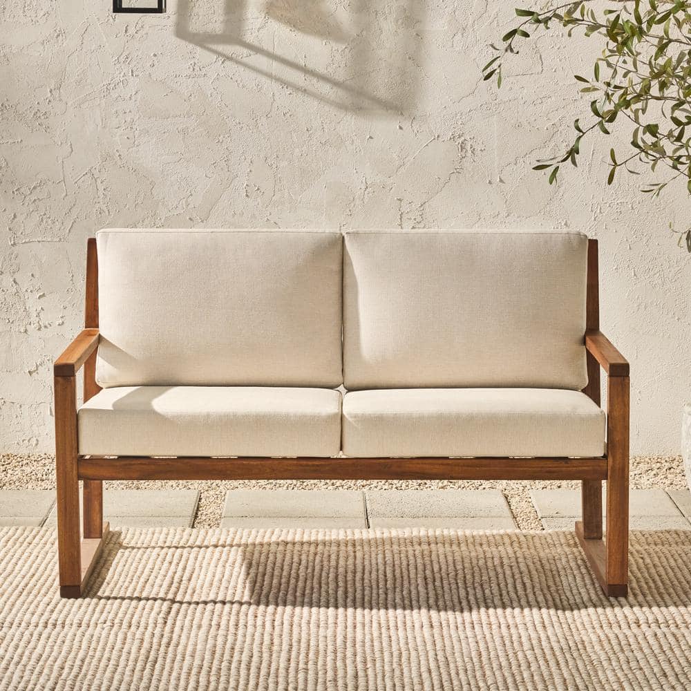 White Upholstered Solid Acacia Wood 2-Seater Loveseat