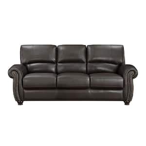 Brennen 84 in. W Rolled Arm Leather Rectangle Sofa in. Dark Brown
