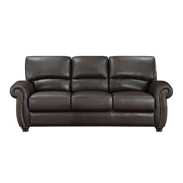 Unbranded Brennen 84 in. W Rolled Arm Leather Rectangle Sofa in. Dark Brown