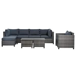 8-Piece Wicker Outdoor Sectional Set with Gray Cushions