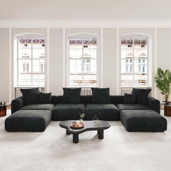 Magic Home Modern 181 in. Square Arm Corduroy Modular Combination U-shaped Oversized Large Sectional Sofa with Ottoman in. Black
