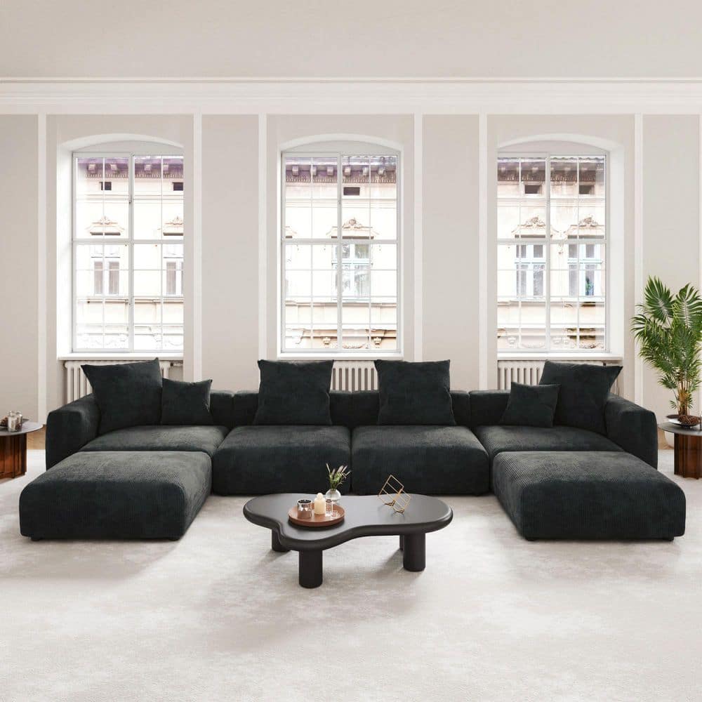 Modern 181 in. Square Arm Corduroy Modular Combination U-shaped Oversized Large Sectional Sofa with Ottoman in. Black