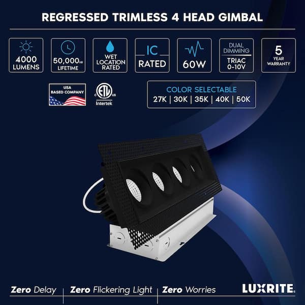 4-Head Integrated LED Black Rectangle Regressed Trimless Gimbal Light, 360°+15° Swivel 5CCT 60W, 4000LM Dimmable 4 Pack