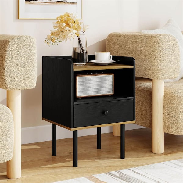 Grey 1-Drawer 16 in. W Nightstand End Sofa Table with Open Shelf for Living Room Bedroom