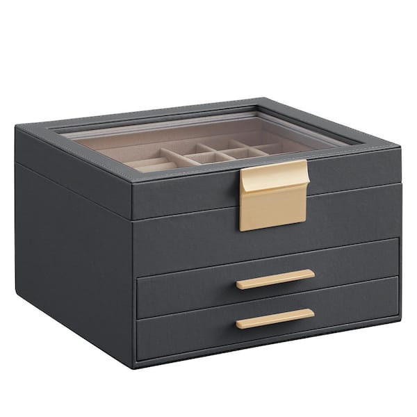 Unbranded Jewelry Box Organizer with Glass Lid, 3-Layer Storage, 2 Drawers, Graphite Black and Gold, 8 in. x 9.1 in. x 5.3 in.