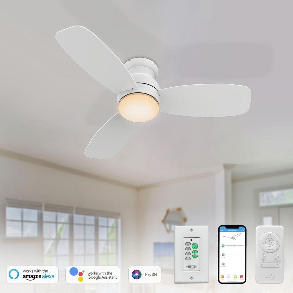 44 in. Smart Indoor/Outdoor White Flush Mount LED Standard Ceiling Fan with Remote Control, Wall Control and DC Motor