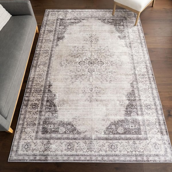 Winnie SplashGuard Distressed Medallion Machine Washable Area Ivory 6 ft. x 9 ft. Indoor Area Rug