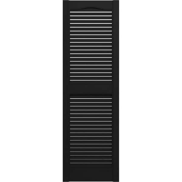 Ekena Millwork 14-1/2 in. x 60 in. Lifetime Open Louvered Vinyl Standard Cathedral Top Center Mullion Shutters Pair in Black