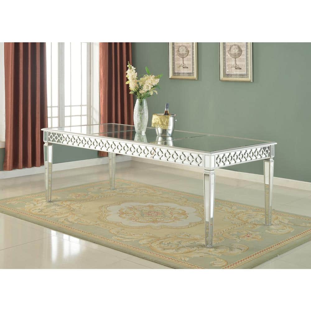 Sophie Silver Mirrored Rectangular Dining Table with Wood and Glass