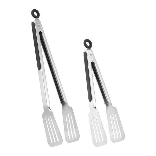 2 Pack Simple Black Stainless Steel Spatula Head Cooking Tongs with Locking Design for Kitchen, BBQ and Grilling