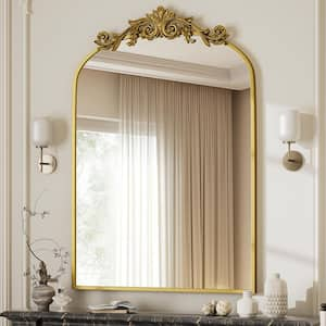 24 in. W x 36 in. H Modern Arched Gold Metal Framed with Carved Decoration Vanity Wall Mirror