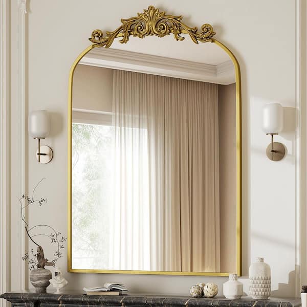 XRAMFY 24 in. W x 36 in. H Modern Arched Gold Metal Framed with Carved Decoration Vanity Wall Mirror