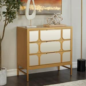 32 in. W Gold Wood 3 Drawer Cabinet with Mirrored Front