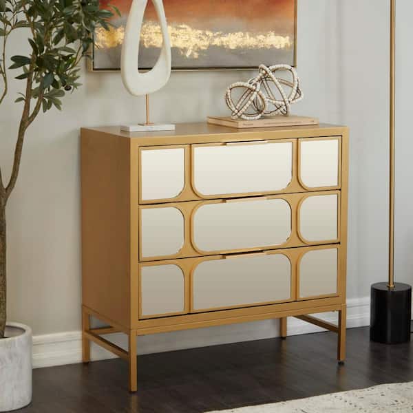 Litton Lane 32 in. W Gold Wood 3 Drawer Cabinet with Mirrored Front