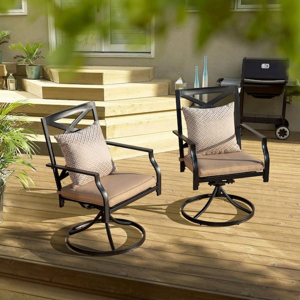 Black Swivel Metal Outdoor Dining Chair Patio Balcony Bistro Chair with Beige Cushions (2-Pack)