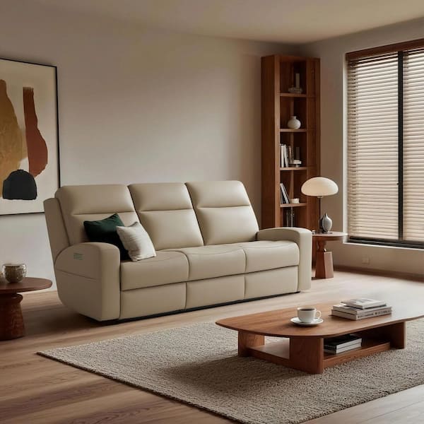86 in Genuine Leather Square Arm Reclining Sofa with Zero Gravity, Adjustable Headrest & Lumbar Support in Light Beige