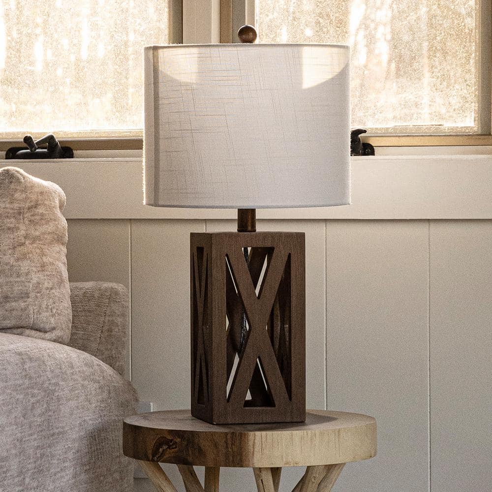 Stewart Rustic 21.5" Brown Wood Table Lamp with White Linen Shade