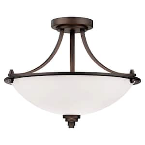 3-Light Rubbed Bronze Semi Flush Mount with Etched White Glass