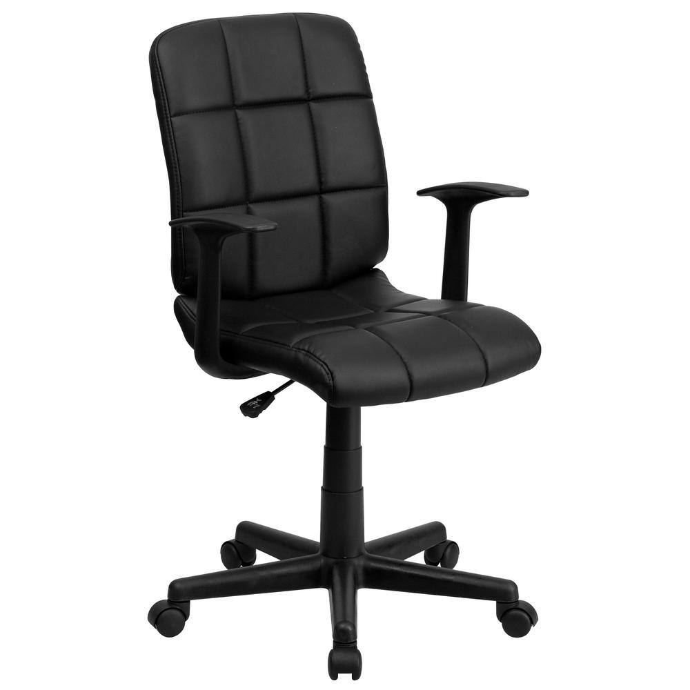 Mid-Back Black Vinyl Quilted Task Chair with Arms