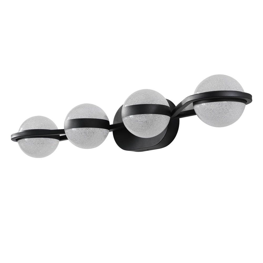 29 in. 4-Light Black LED Vanity Light with Crystal Sand Acrylic Shades, Wal