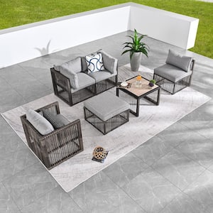 6-Piece Wicker Patio Conversation Deep Seating Set with Gray Cushions