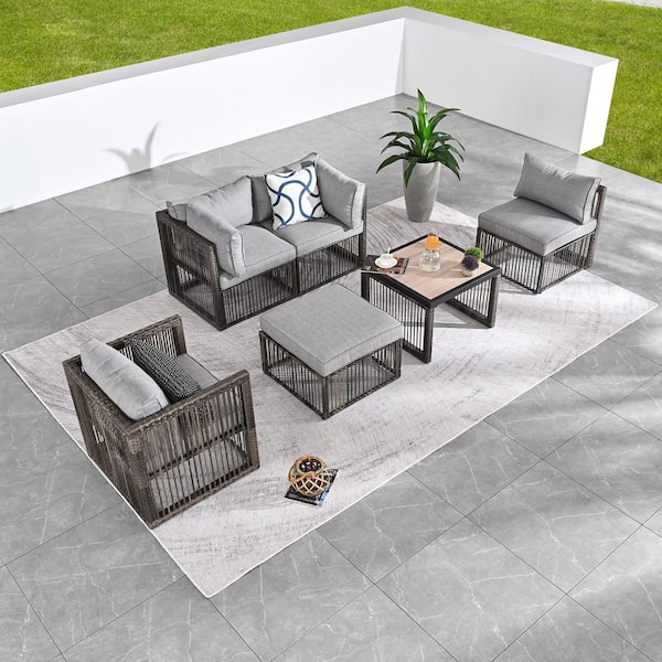 Patio Festival 6-Piece Wicker Patio Conversation Deep Seating Set with Gray Cushions