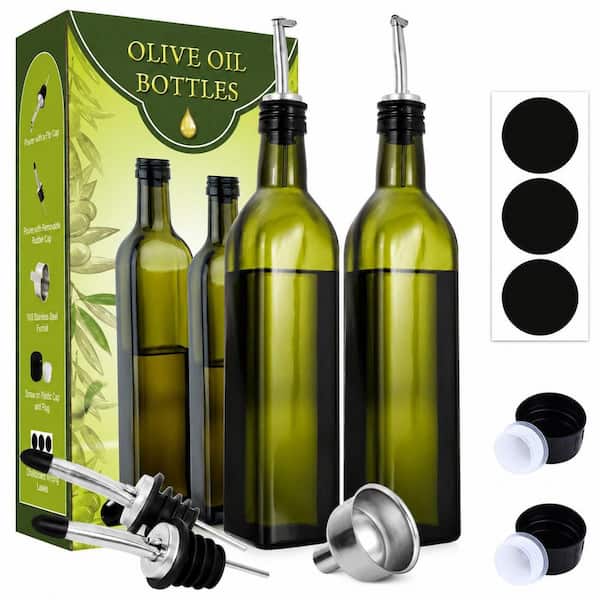 Glass Olive Oil Dispenser Bottle Set, Dark Green 17 oz Bottles with Stainless Steel Pourers, Funnel and Labels
